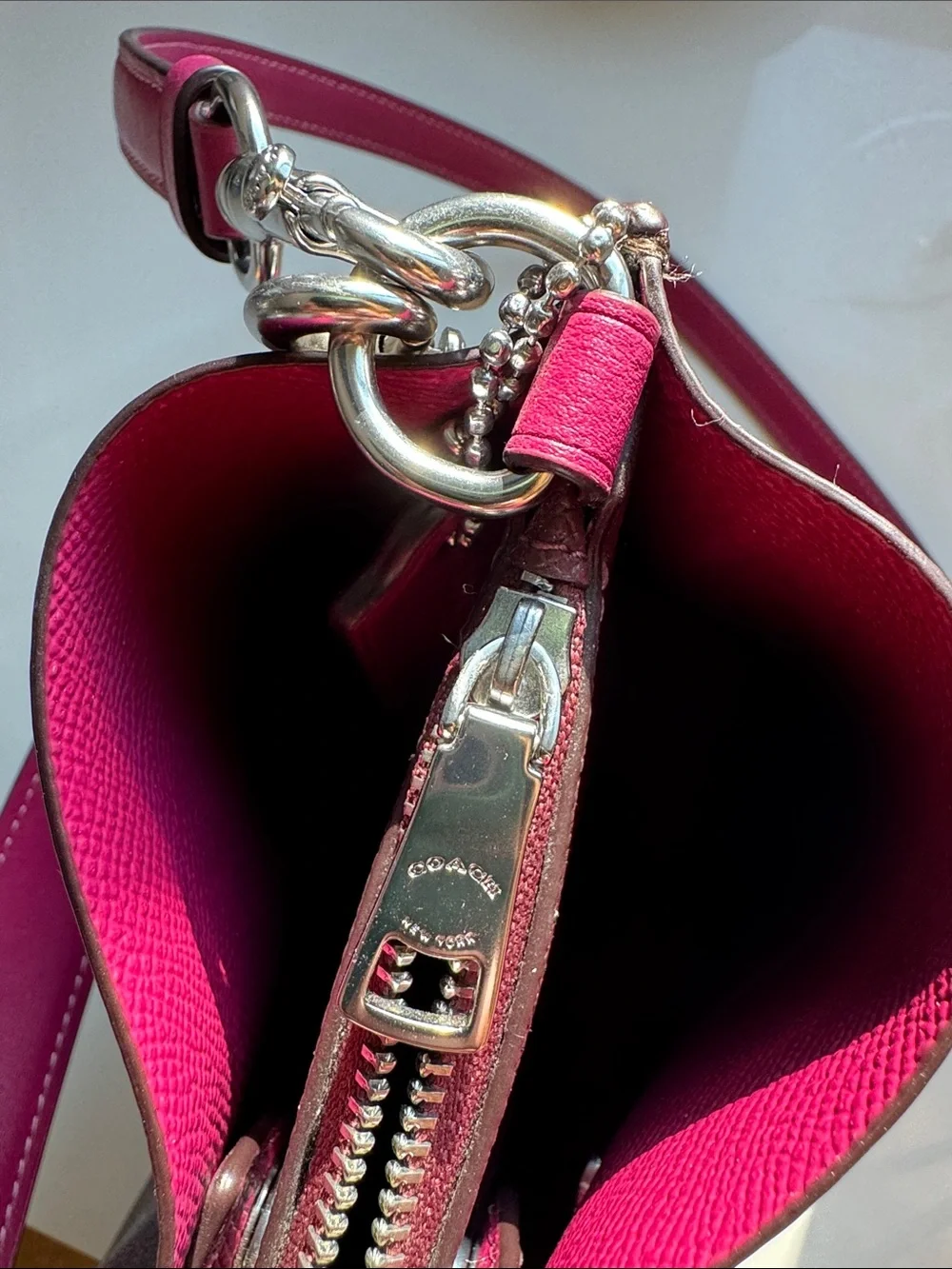COACH Mollie monogram Bucket bag 22 in signature brown canvas with berry trim